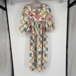 Celia B Santorini Puff Sleeve Floral Embroidered Embellished Plaid Midi Dress XL